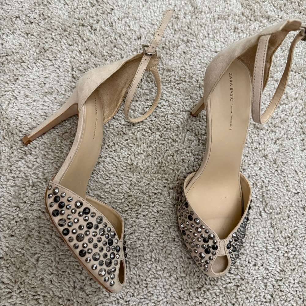 Zara Nude Studded Peep-Toe Heels